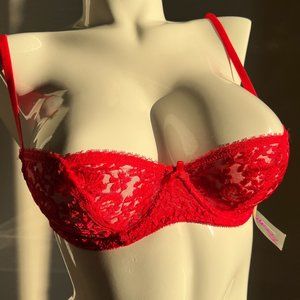 Vintage Lace 1980s Trendsetters Red Sheer Balconette Underwire Bra 36B NWT